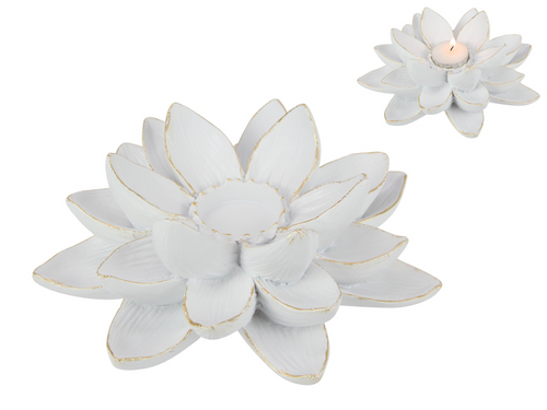 White/Gold Flower Tea Light Holder with T/Light 18cm