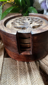 HANDCRAFTED MANGO WOOD CARVED 4-PC COASTER SET IN HOLDER