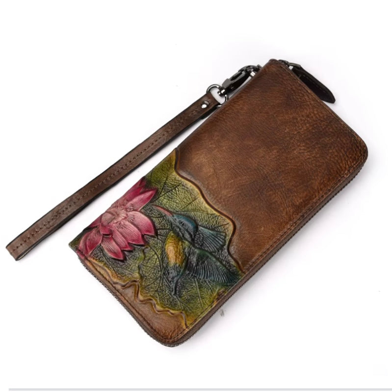 Ladies Leather Purse Wallet Embossed with Flower & Bird