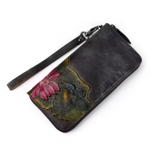 Ladies Leather Purse Wallet Embossed with Flower & Bird