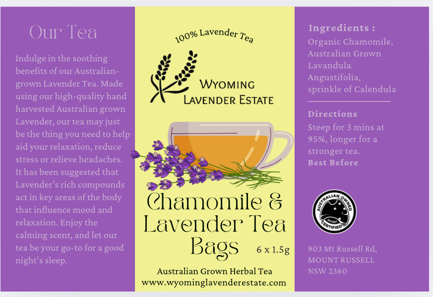 Herbal Tea Bags 6pk| Lavender | Chamomile | Black Tea Australian Grown Lavender