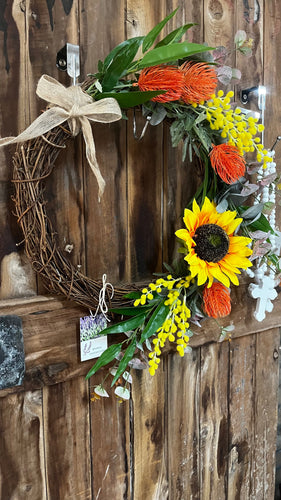 Faux Floral Wreath 40cm Natives Sunflower
