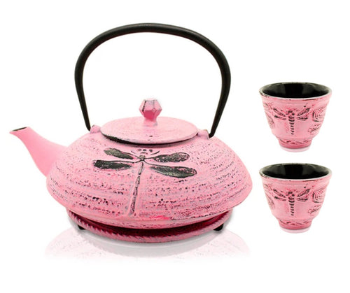 Dragonfly Pink Iron Teapot 600ml with 2 Matching Cups | Japanese Tea set