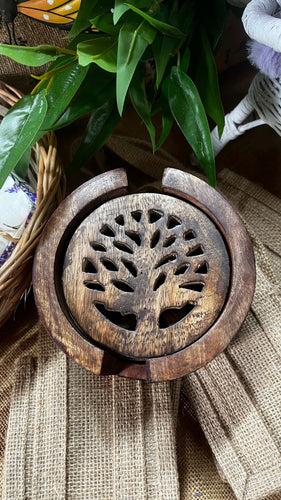 HANDCRAFTED MANGO WOOD CARVED 4-PC COASTER SET IN HOLDER